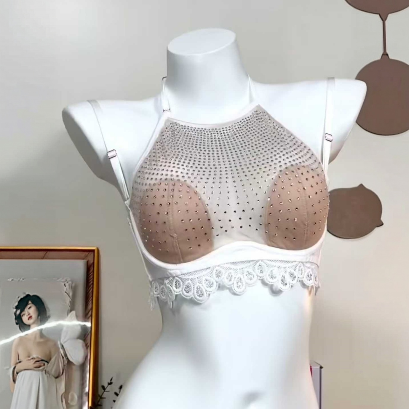 Womens Rhinestone Mesh Halter Bralette - Backless Lace Trim Crop Top